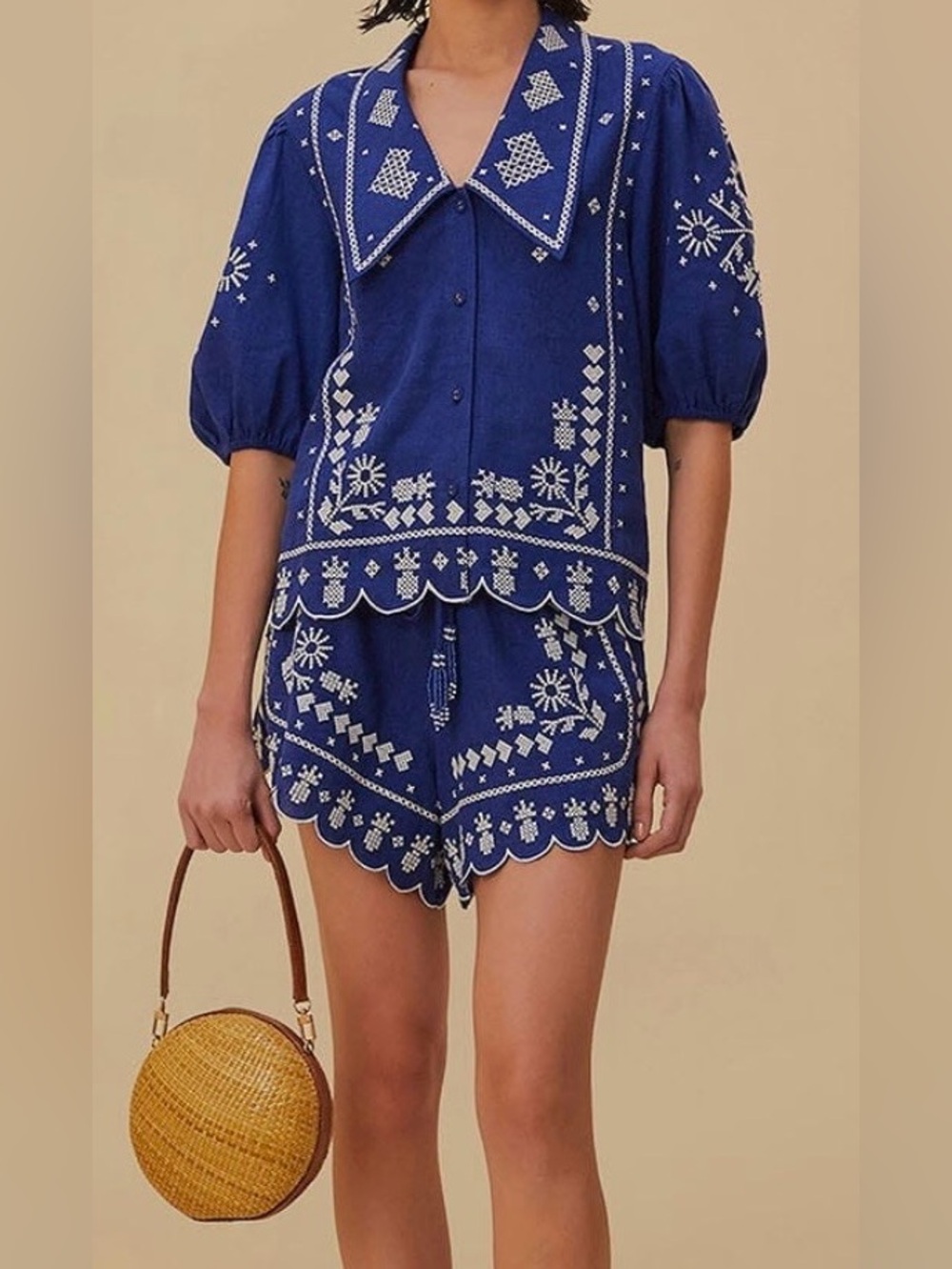 Farm Rio- Blue Embroidered Short-Sleeve Button-Up Shirt - Picture 13 of 16